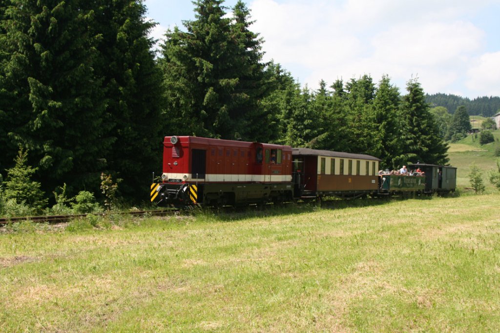 Zum IV. WCd Schmalspurbahnfestival war zwischen Schnheide und Sttzengrn die Oberwiesenthaler L45H-083 zu Gast.Hier kurz vor dem Haltepunkt Sttzengrn.13.06.10.