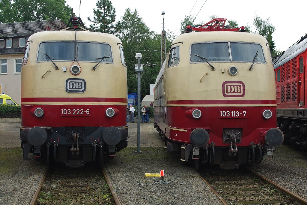 Zwei alte Damen posieren nebeneinander: 103 222-6 neben 103 113-7 beim BW Fest in Osnabr�ck am 19.09.2010.