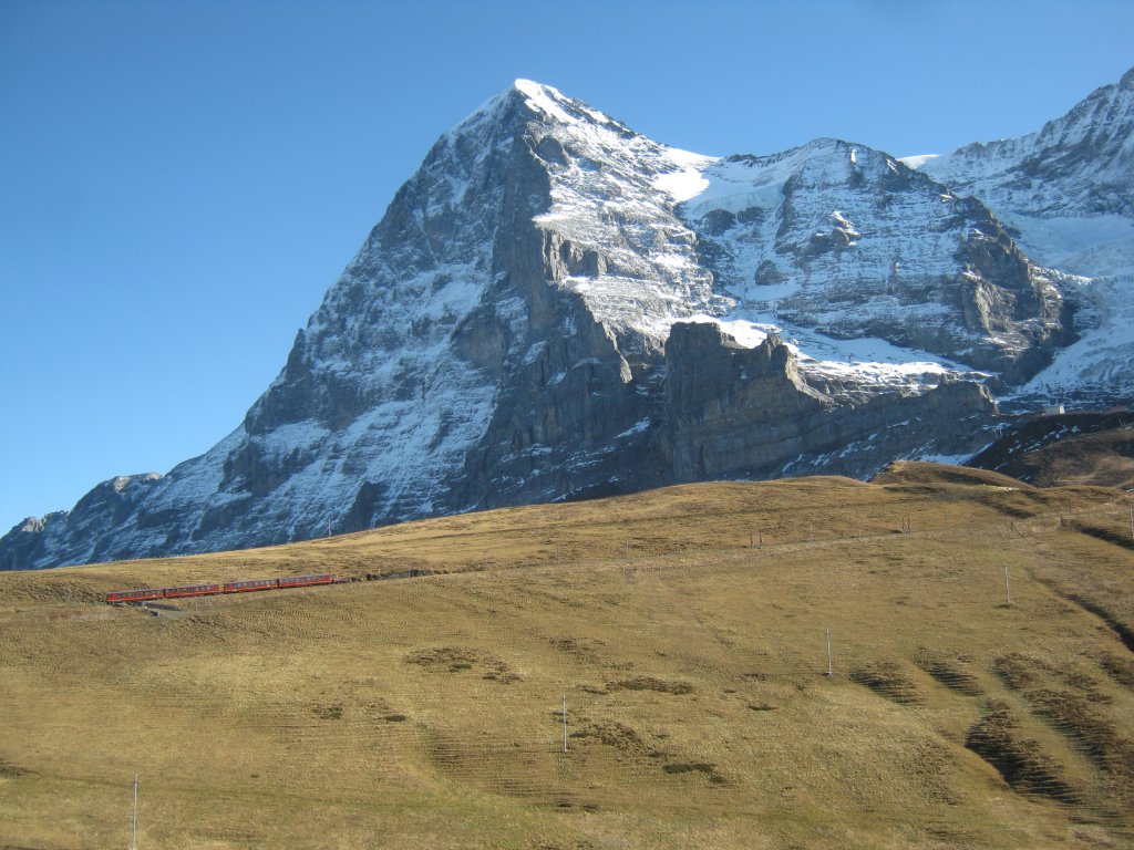 Zwei BDhe 4/8 und ein Gterwagen fahren vor der prchtigen Kulisse der weltberhmten Eigernordwand in Richtung Jungfraujoch, 10.11.2011.