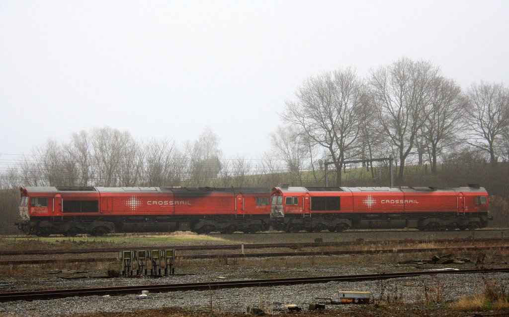 Zwei Class 66 DE6301  Debora  und die DE6312  Alix  beide von Crossrail stehen in Montzen-Gare(B) auf dem Abstellgleis bei Nebel am 6.1.2013.