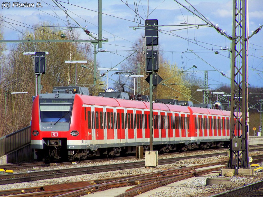Zwei Einheiten 423(423 218/718 u. 423 202/702) bei der Einfahrt von Zorneding auf dem Weg nach Ebersberg. 27.03.2010