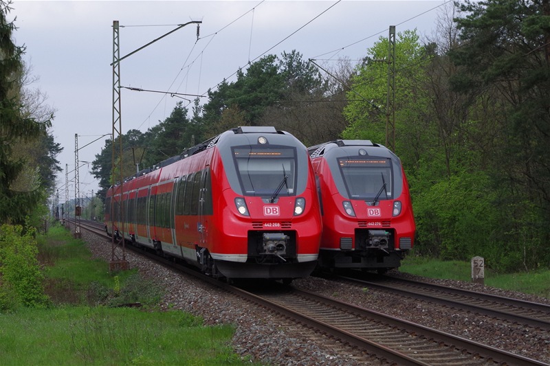 Zwei ET 442 begegnen sich am 01.05.2013 zwischen Strullendorf und Bamberg. 
