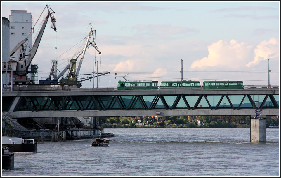 Zwei Giraffen blicken da auf das Straenbahn-Zgle: Ein Straenbahn-Zug auf der Basler Dreirosenbrcke. Auf der unteren Brckenebene verluft die Autobahn. 28.08.2010 (Matthias)