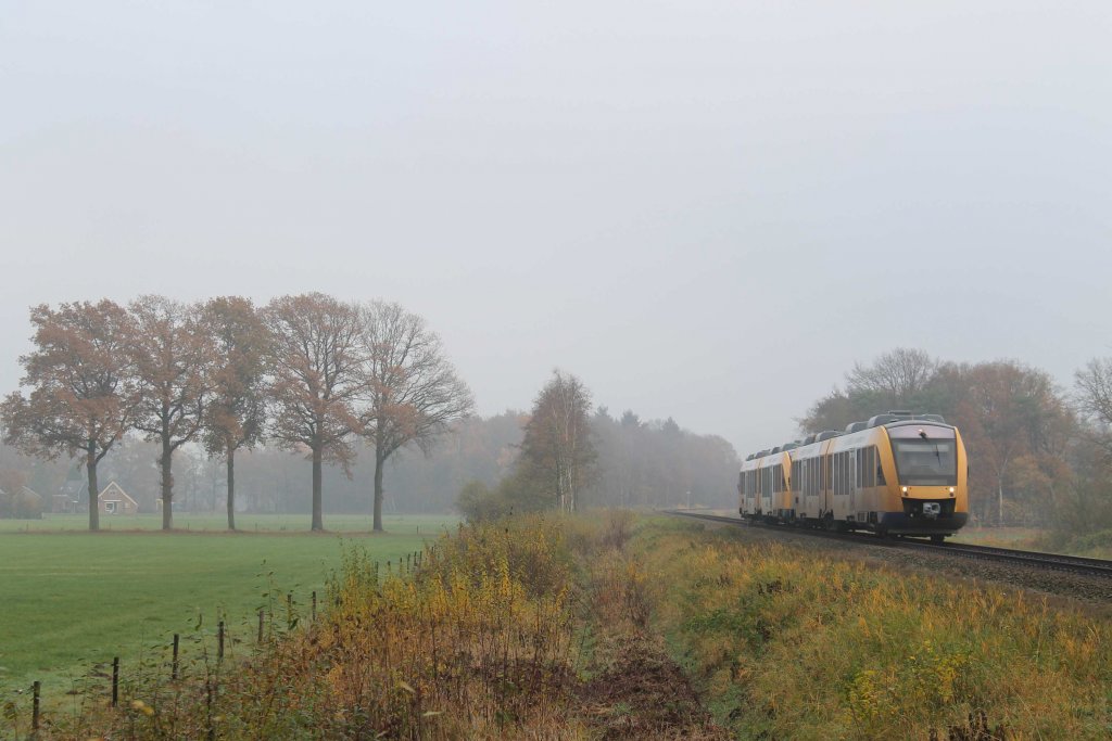 Zwei Lint-Triebwagens von Syntus mit Regionalzug 31246 Oldenzaal-Zutphen bei Almen am 19-11-2012.

