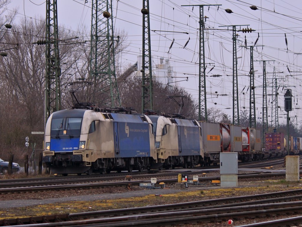 Zwei Stiere der Wiener Lokalbahn, ES 64 U2-066(182 566) und ES 64 U2-020(182 520) ziehen am 03.04.2013 aus Sden kommend einen Containerzug durch Gremberg.