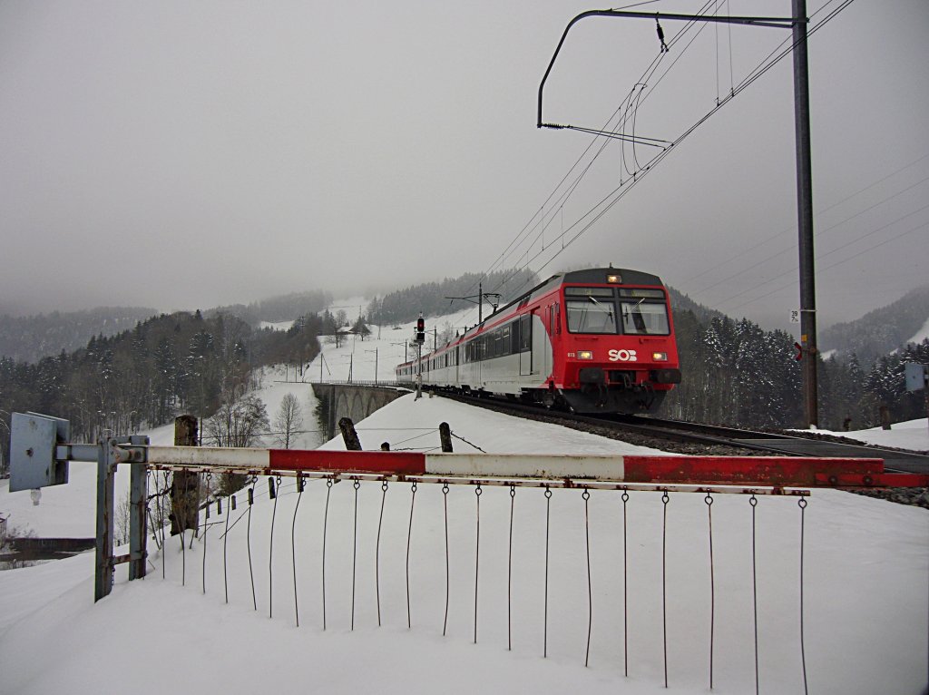 Zwischen Degersheim und Mogelsberg berfhrt RBDe 566 073 als S4 23442 auf der Fahrt von St. Gallen nach Uznach das Waldbach-Viadukt. Der Triebzug passiert gleich den einseitig gesicherten Bahnbergang zu einer Wiese (02.03.2013).