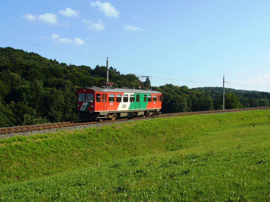Zwischen den Haltestellen Oedt und Prädiberg geht es auf Fahrt nach Feldbach leicht bergab am späten Nachmittag des 31.7.2010
