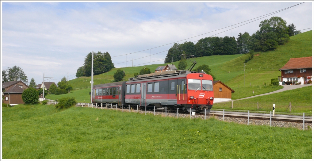Zwischen Schachen und Hebrig fhrt R3094 mit BDeh 4/4 16 und ABt 116 Richtung Gais. (28.07.2010)
