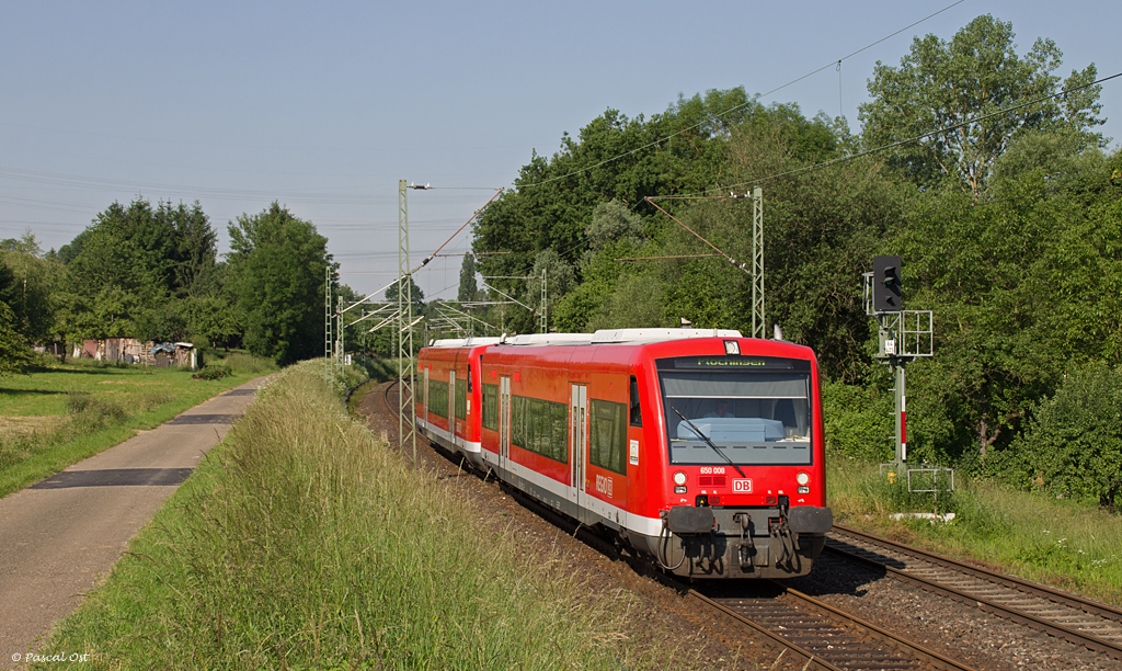 Zwischen Wernau und Wendlingen entstand am 17. Juni 2013 diese Aufnahme von 650 008 zusammen mit einem weiteren Regioshuttle.