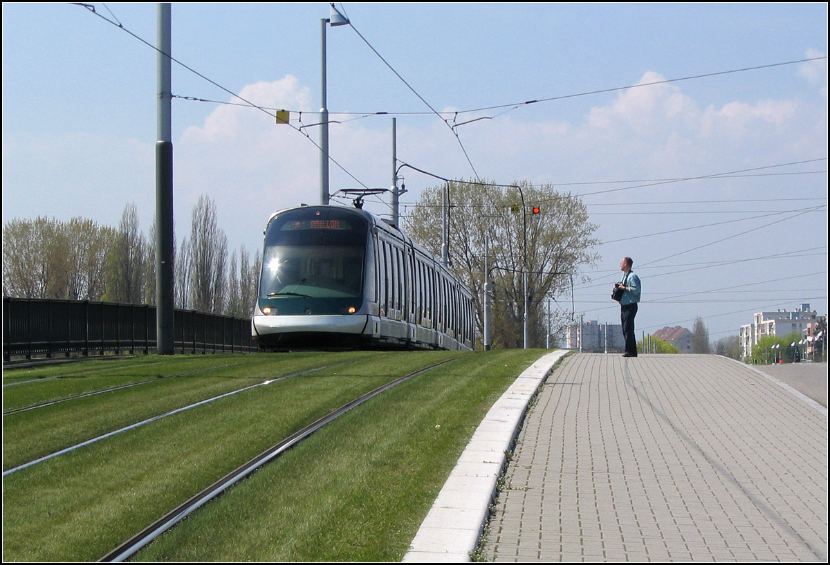 . Auf Rasen über die Brücke -

Eine Eurotram auf der Linie A überquert auf Rasenbahnkörper die Brücke über den Canal du Rhône nicht weit der Endstation Illirch Lixenbuhl. 

21.04.2006 (J)