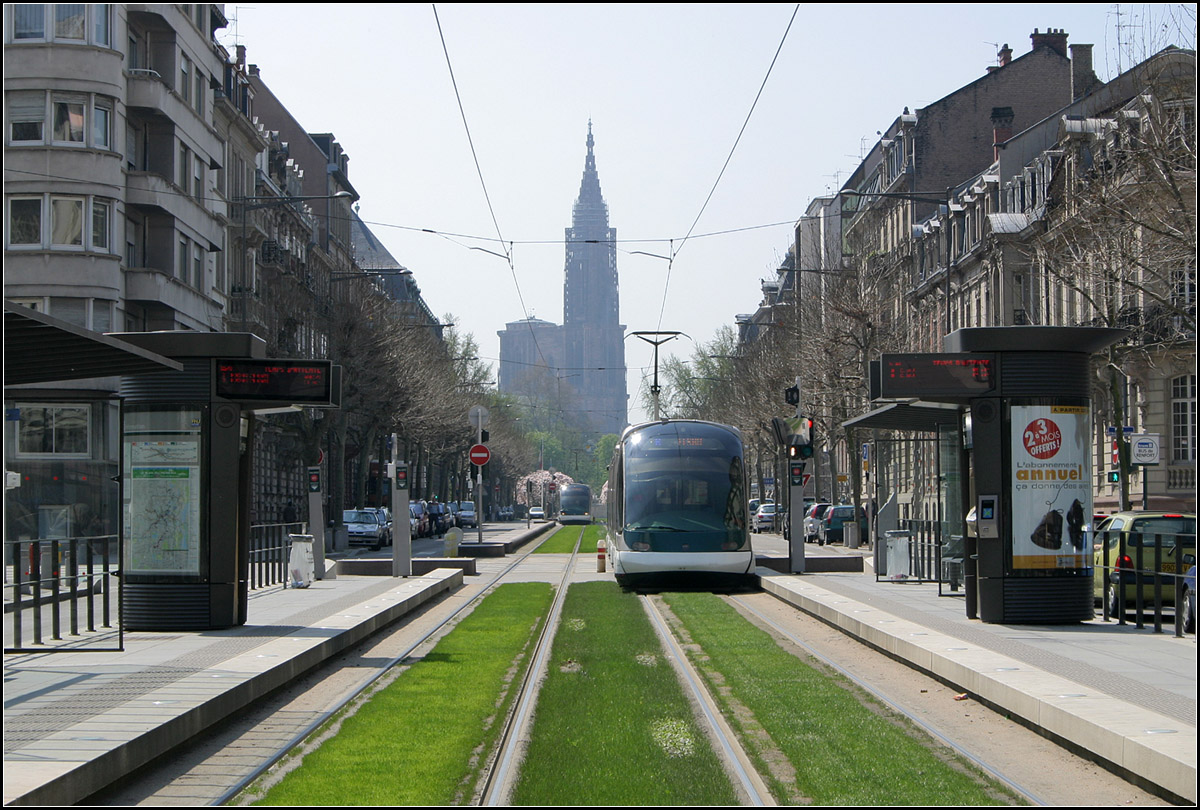 . Auf das Straßburger Münster zu -

Vorbildiche Gestaltung der Straßenbahntrassen. Hier für die Linie B in der Avenue de la Paix an der Haltestelle Parc du Contades. 

21.94.2006 (M)