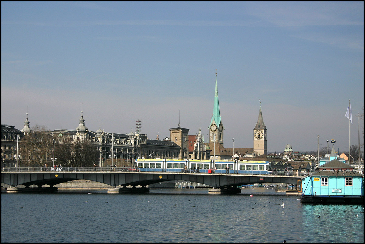 . Die Straßenbahn im Stadtbild von Zürich - 

Ein Cobra-Tram auf der Quaibrücke vor der Stadtkulisse. 

09.03.2008 (M)