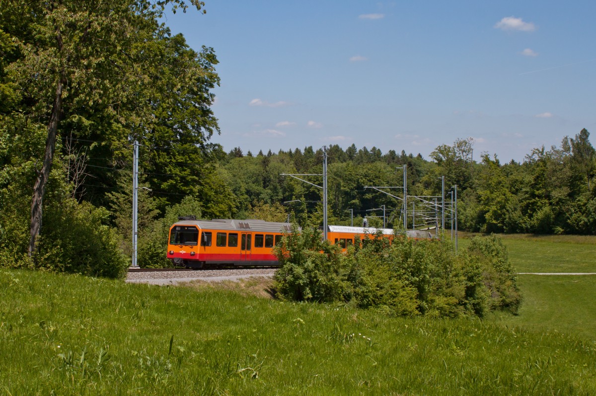 - Durchs Grüne ins Grüne - 
Schon seit 1875 fahren Züge aus der Stadt Zürich auf den 869 Meter hohen Uetliberg.
Seit den 1990er-Jahren hat sich die Strecke zu einer modernen Vorortsbahn entwickelt und ist ein fest integrierter Teil der Zürcher S-Bahn.
Vor allem im oberen Teil weist die Strecke grosse Steigungen auf, nach der Linie U15 der Stuttgarter Stadtbahn ist die Uetlibergbahn die zweitsteilste Regelspuradhäsionsbahn Europas.
Hier ist ein Zug gebildet aus zwei Triebwagen der Reihe Be 526 und einem Niederflurzwischenwagen als S10 24797 (Zürich HB > Uetliberg) in der grossen Kehre oberhalb der Kreuzungsstation Ringlikon unterwegs. 
6. Juni 2013