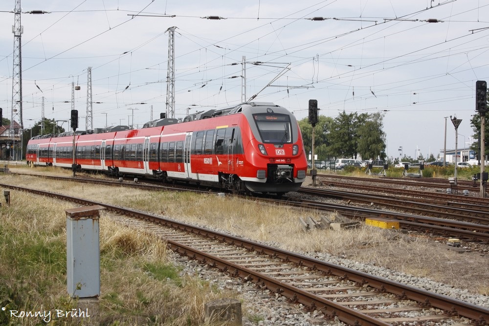  Einfahrt in den Bahnhof Warnemünde, hat der 442 345 am 24.07.2014.