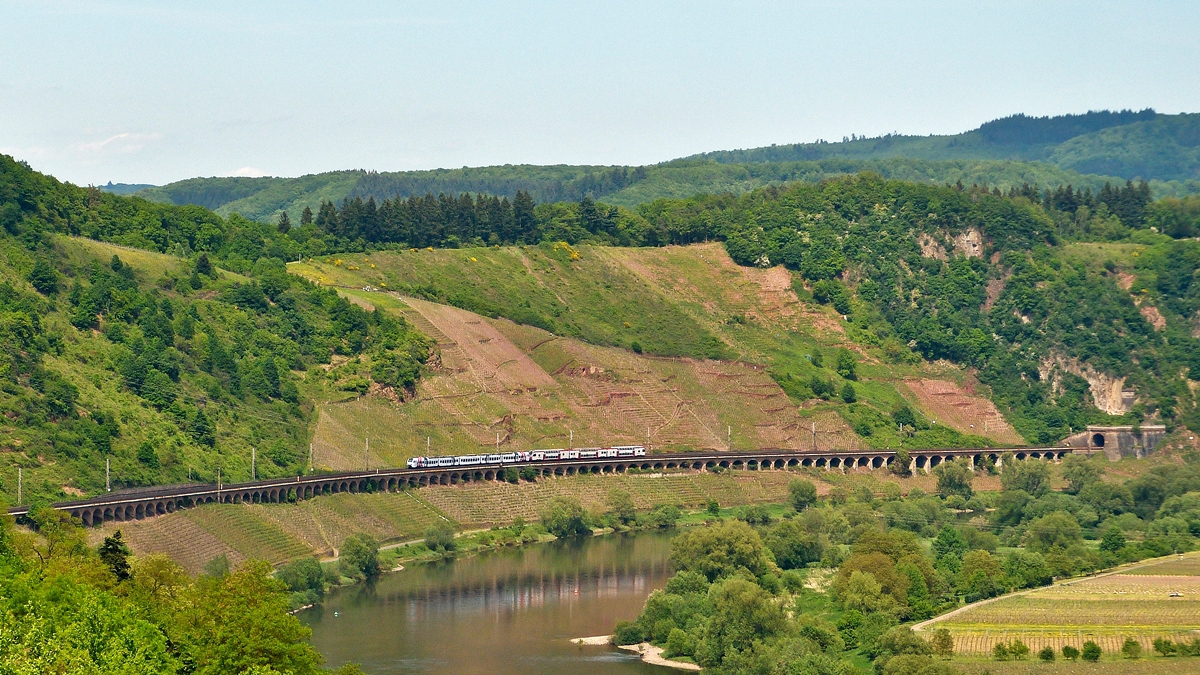 . In den Weinbergen in Reil an der Mosel entfaltet sich die Pracht des Pndericher Hangviadukts erst so richtig und man kann das erstaunliche Bauwerk in seiner ganzen Lnge bewundern bis hin zum Portal des Prinzenkopftunnels. Das 786 m lange Bauwerk ist der lngste Hangviadukt in Deutschland. 

Die gekuppelten DB Regio SWEX (ein 5-teiliger FLIRT 3 der Baureihe 429.1) und CFL KISS befahren als RE 5116 Koblenz – Luxembourg resp. Mannheim den Pndericher Hangviadukt am 13.05.2015. Diese Zge fahren zwischen Koblenz und Trier gemeinsam und werden im Trierer Hauptbahnhof geflgelt. Bahnstrecke 3010 Koblenz - Trier (Hans)
