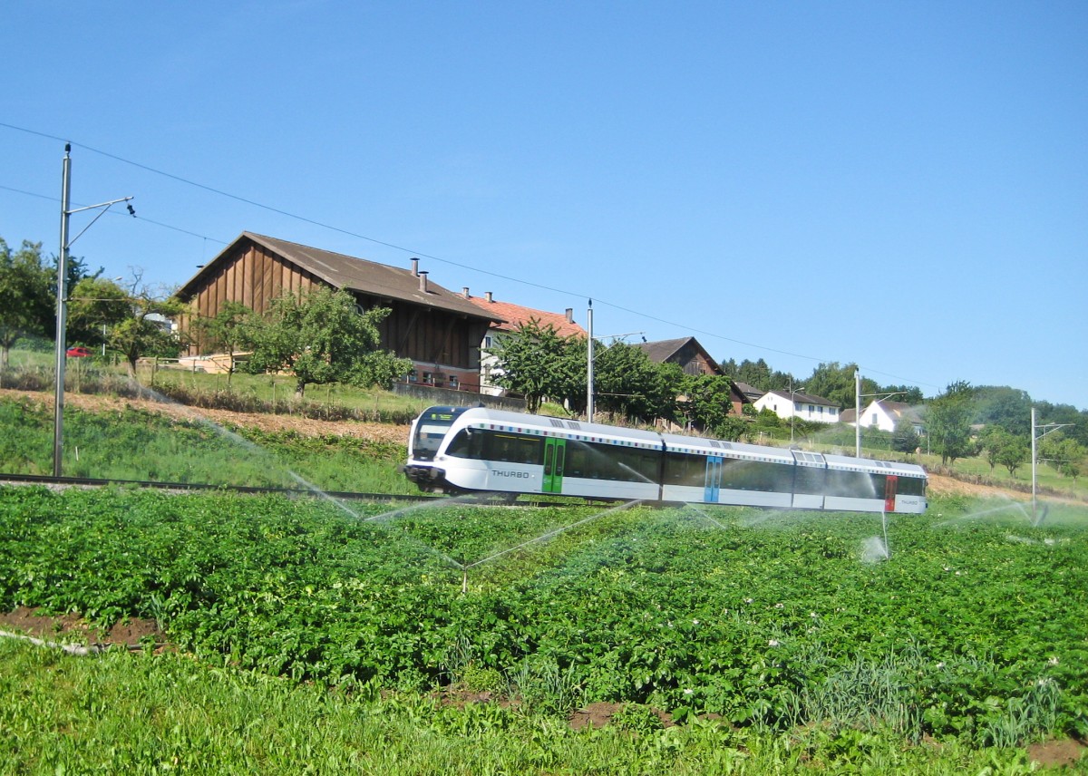 - Lupenansicht I - 
Auf Stefans Vorschlag hin will auch ich einige meiner 800px-Bilder in grösserer Ausführung nocheinmal zeigen.
Den Anfang soll diese Aufnahme aus dem Jahr, in dem ich mit der Eisenbahnfotografie angefangen habe, machen. 
Ein dreiteiliger Thurbo RABe 526 fährt vorbei an den Kreisregnern eines für die Region typischen Gemüsefeldes und erreicht als S3 23342 (Schaffhausen > St. Gallen Haggen) in wenigen Sekunden die Haltestelle Triboltingen.
29. Juni 2008
