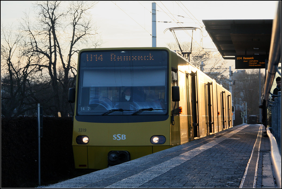 , Mit sich öffnenden Türen -

Ein Stuttgerter Stadtbahnzug auf der Linie U14 an der Haltestelle Mineralbäder. Eigentlich war der Fahrgastwechsel schon abgeschlossen, aber als auf dem Gegengleis ein anderer Zug angekommen war, wurden nochmals die Türen für mögliche Umsteiger geöffnet.

27.01.2017 (M)