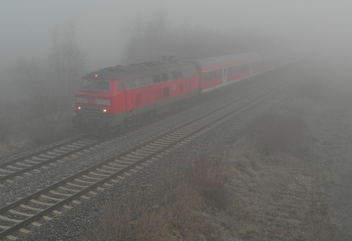 - Vernebelt - Wenige Minuten bevor 218 496-8 mit RE 3239 von Ulm nach Lindau vorbeifuhr, gab es einen ungetrübten Blick auf die Strecke und es lag nur das hier nicht mehr sichtbare Feld im Hintergrund im Nebel (Nähe Laupheim-West, 07.03.2014).