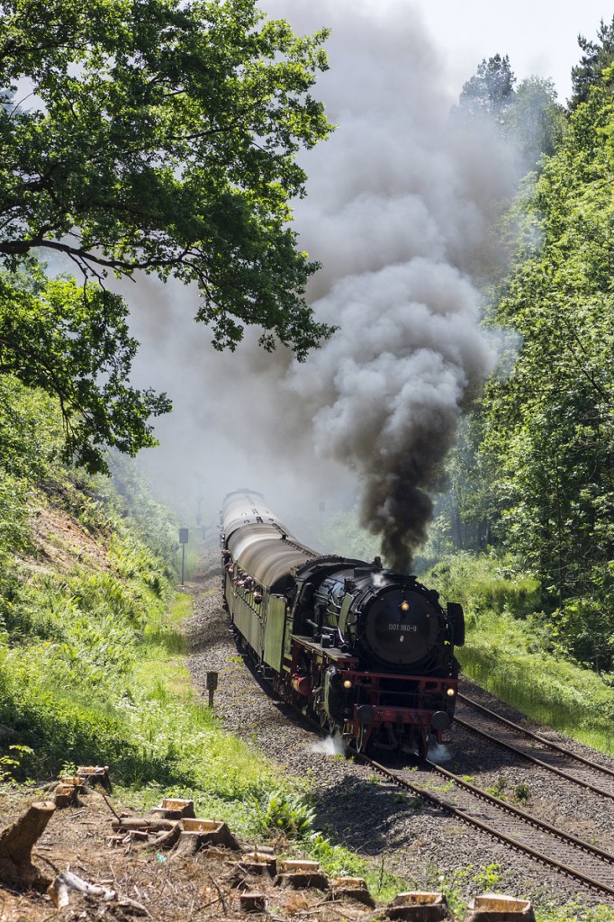 001 180-9 bewältigt mit Volldampf die Schiefe Ebene. Kurz vor Marktschorgast ist das Ende der Steigungsstrecke fast erreicht. 04.06.2015

Hersteller: Henschel, Kassel
Fabriknummer: 22923
Abnahmedatum: 27.05.1936
Erst-Bw: Paderborn
weitere Beheimatungen: Hagen-Eckesey, Köln Bbf, Osnabrück, Kaiserslautern, Nürnberg Hbf, Würzburg, Hof
Betreibernr. z.Z.d. Aufnahme: 001 180-9
ursprüngl. Fahrzeugnr.: 01 180
Umzeichnungen: 001 180-9 (01.01.1968)
z-Stellung (DB): 31.05.1973
Ausmusterung (DB): 24.08.1973 
Eigentümer z.Z.d. Aufnahme: BayernBahn Betriebsgesellschaft, Nördlingen