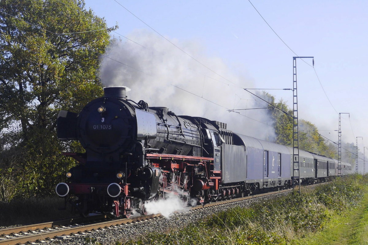 01 1075 der Stoomstichting Nederland ist mit einem aus niederländischen, belgischen und deutschen Schnellzugwagen bestehenden Sonderzug auf dem Weg zurück in die Heimat. Die Aufnahme entstand bei Dülken an der Strecke Mönchengladbach - Venlo am 21.10.18.