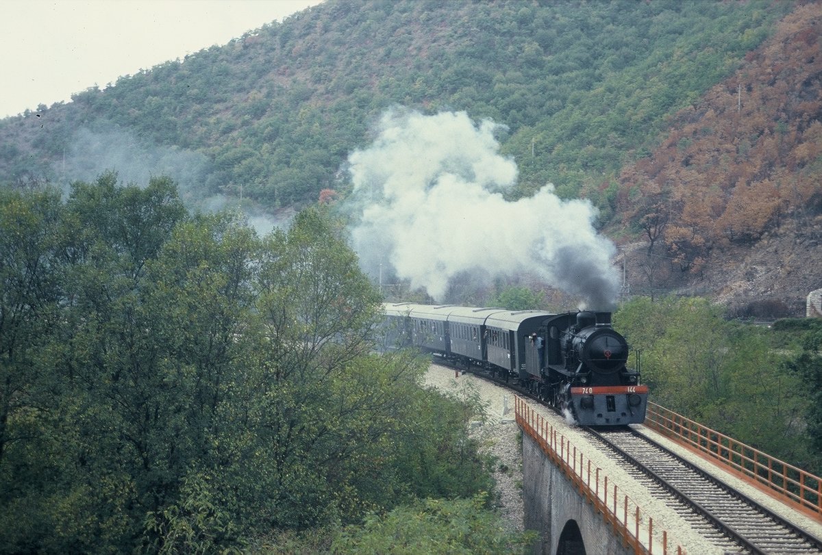 01 nov 1983, 740.144 departs from Albacina, is crossing one of the bridges of the line. 