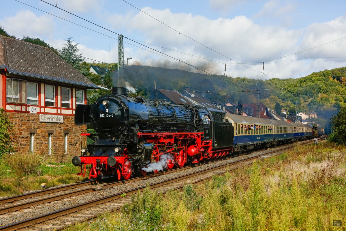 012 104-6 (01 1104) mit Westfalendampfsonderzug nach Rüdesheim in Oberwinter, am 23.09.2023.