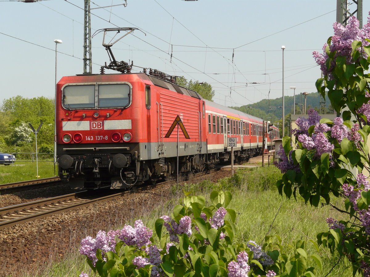 02. Mai 2009, In der Nähe des Haltepunktes Leißling im Saaletal sah ich RB 16319 Eisenach - Halle/Saale.