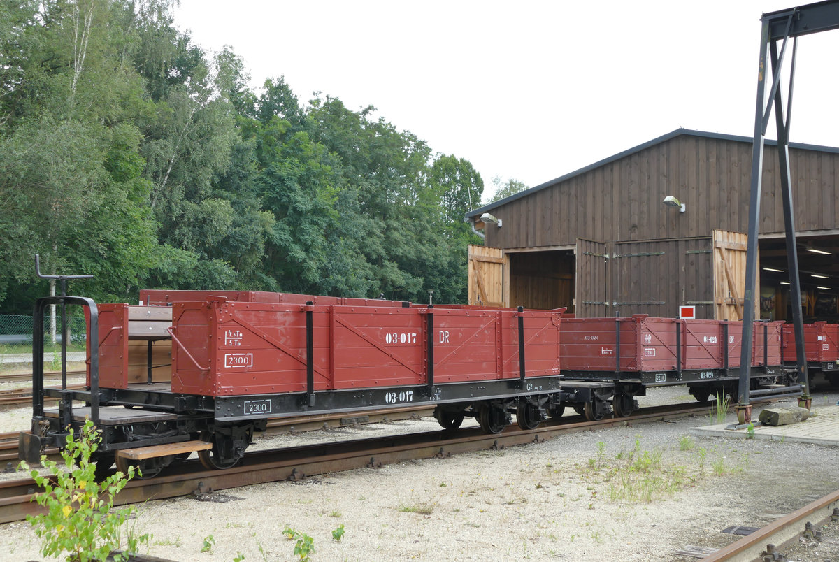 06. August 2016, Waldeisenbahn Bad Muskau bei Weißwasser. Im Museumsbahnhof  Anlage Mitte  befindet sich eine umfangreiche Fahrzeugsammlung. Im Bild: Die restaurierten offenen, für den Personenverkehr hergerichteten Wagen 03-017 und 03-024.