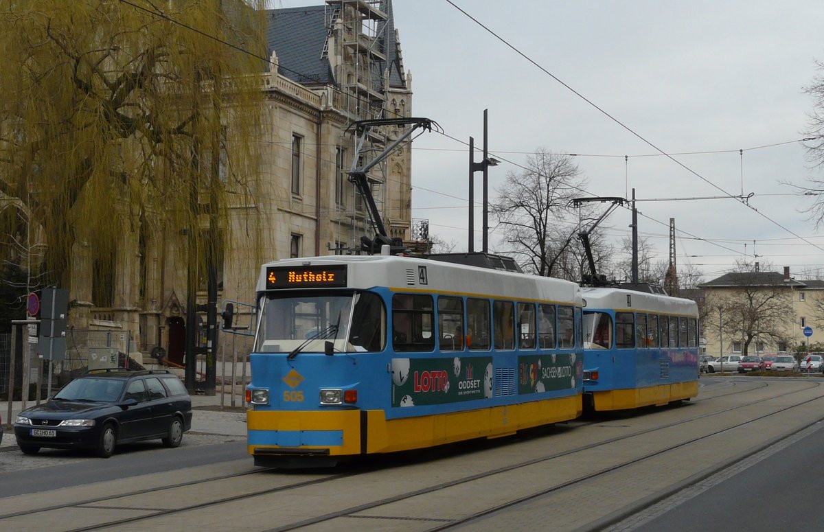 06. März 2008, Straßenbahn TatraT3D in Doppeltraktion, Hersteller CKD Prag 1969-1987, modernisiert bei DWA Bautzen.