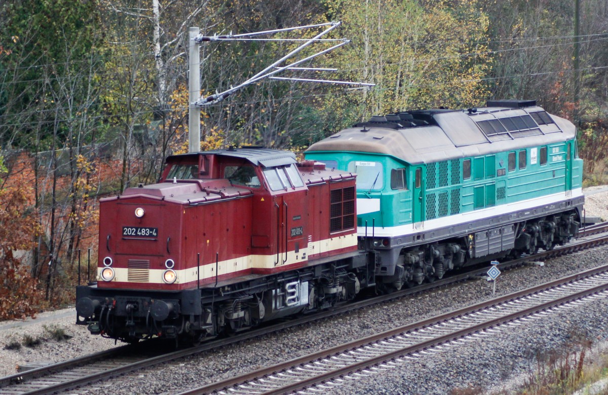 08.11.13 / 202 483-4 und V300 001 der Wismut kommen aus der Waldbahn gefahren / hier bei der Einfahrt in Leipzig-Plagwitz
