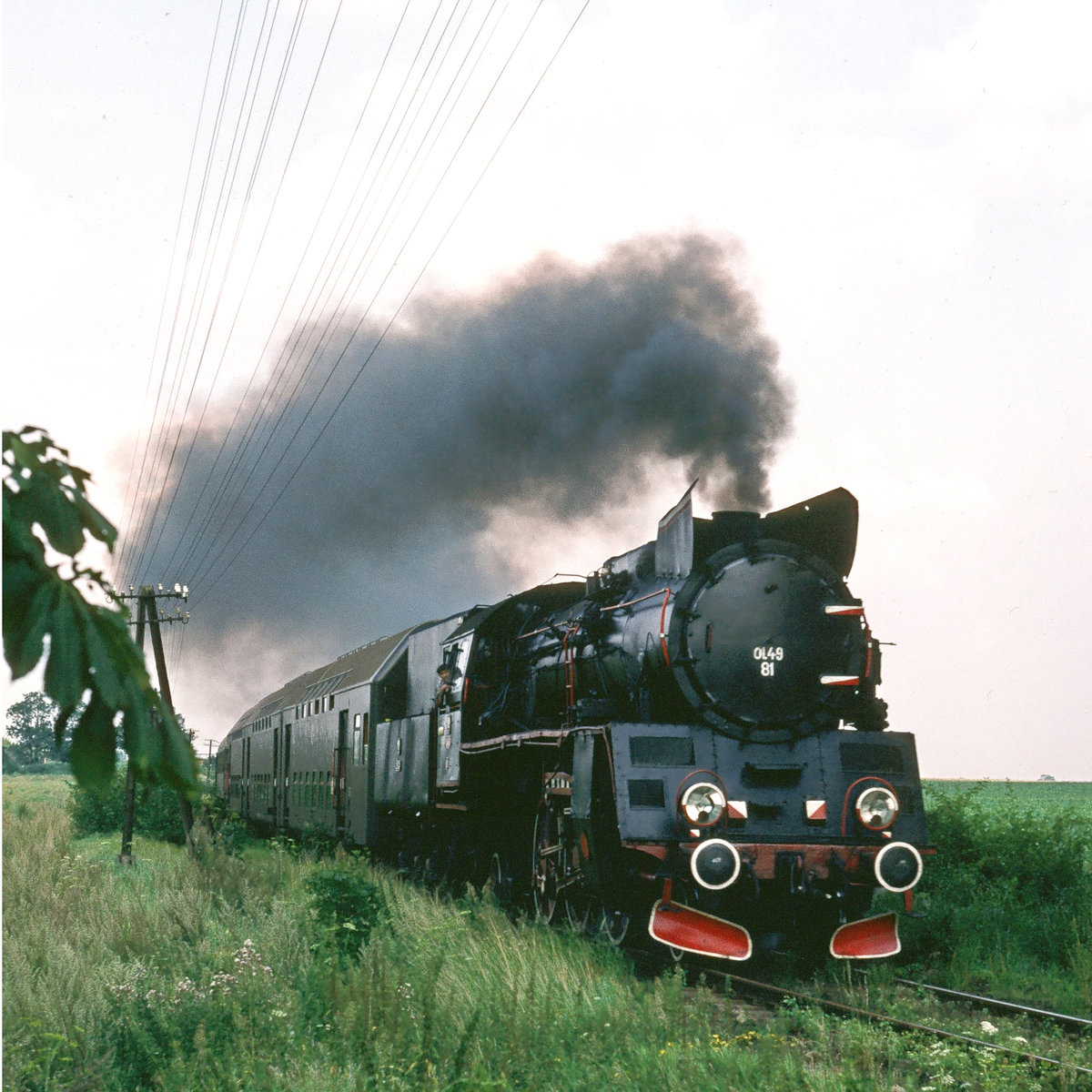 09. August 1993, auf der Fahrt durch Polen begegnete uns zwischen Jelenia Gora und Kamemnia Gora dieser Zug. Die Dosto-Garnitur wird von Lok Ol49-81 befördert.