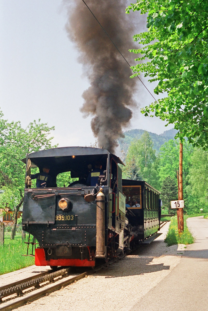 09. Juni 1991, Österreich, Schafbergbahn, Lok 999.103 mit Wagen 9903-1 begibt sich,noch im Ortsbereich von St. Wolfgang, auf Bergfahrt.