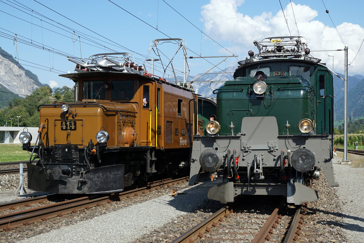 100 Jahre RhB Krokodil.
Am 12. September 2021 fanden zu diesem speziellen Anlass Extrafahrten statt mit dem SBB-Historic Krokodil Ce 6/8 III 14305 und dem RhB-Krokodil Ge 6/6 414.
Das Gruppenfoto der beiden aufgestellten Krokodile in Ems Werk bildeten dabei den Höhepunkt des Tages.
Foto: Walter Ruetsch