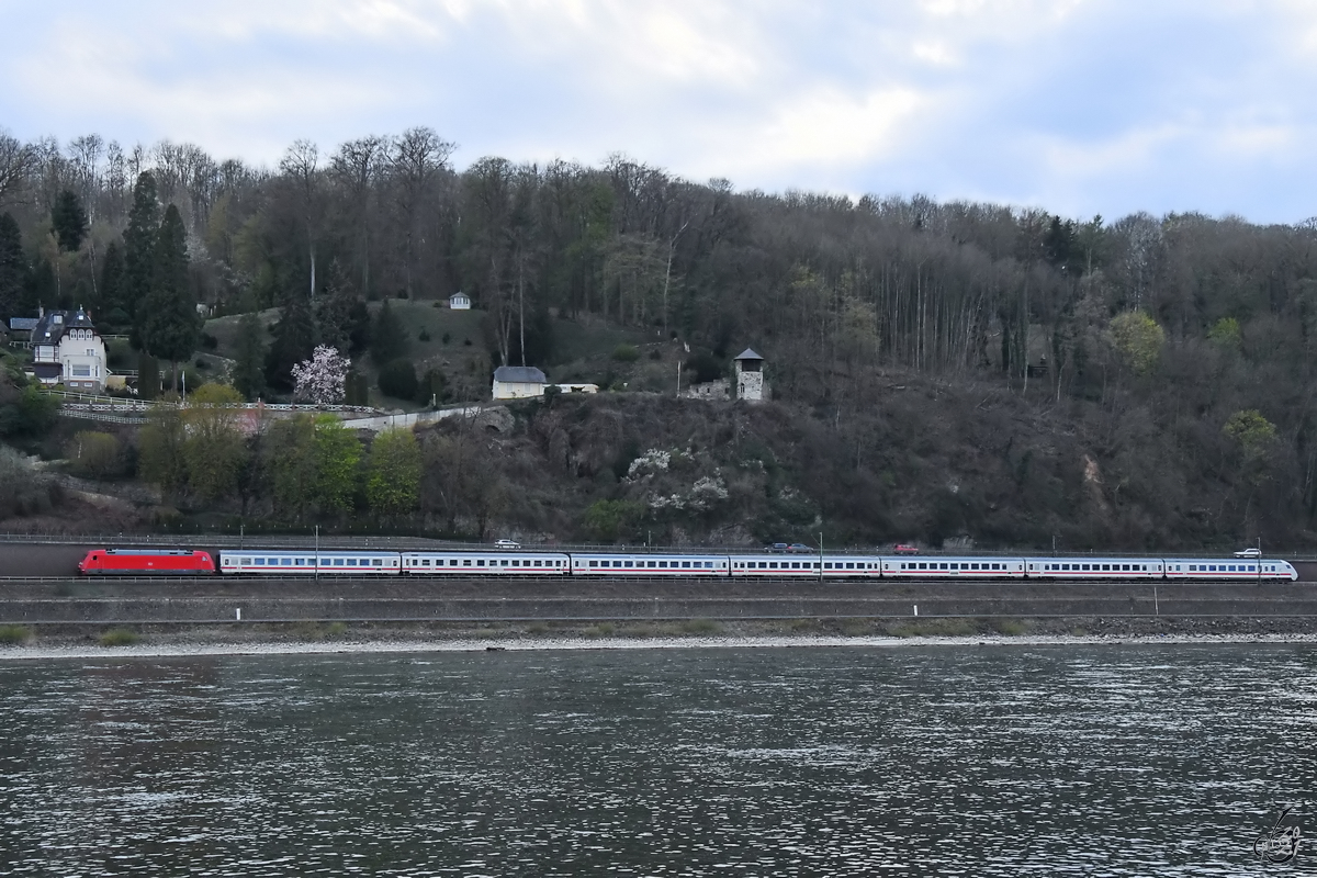 101 031-1 zieht eine IC-Garnitur den Rhein entlang. (Remagen, April 2021)