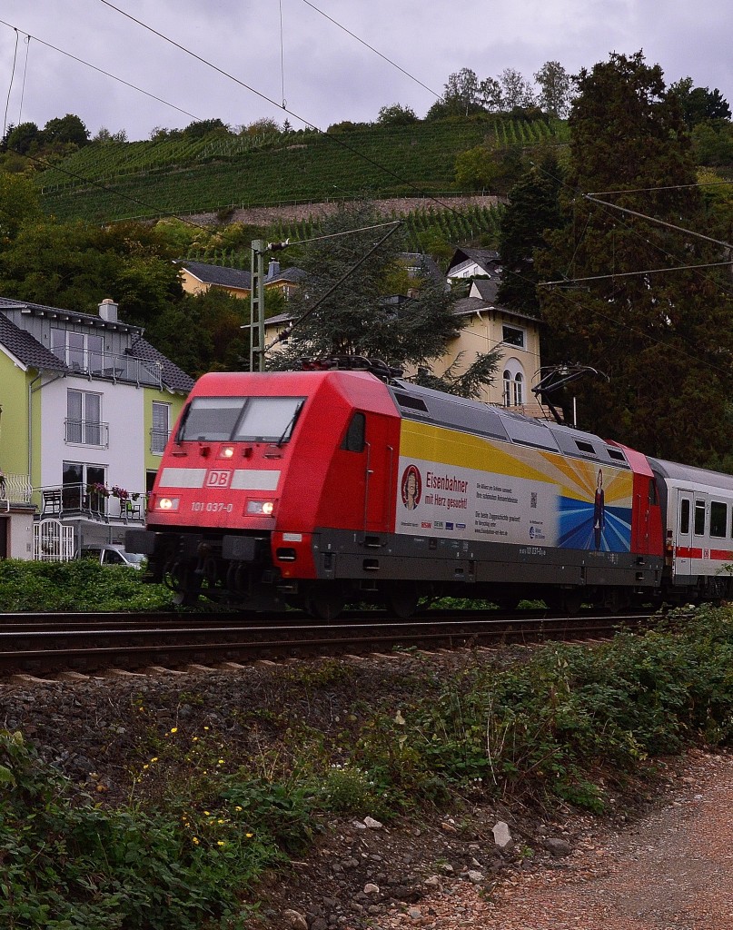 101 037-0 vor einem nach Bingen fahrenden IC in Oberwesel. 20.9.2015