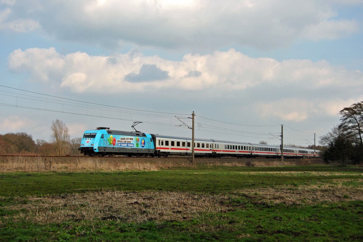 101 102-2 fuhr am 02.03.2014 mit dem IC 2433 von Leipzig nach Emden, hier bei Nortmoor.