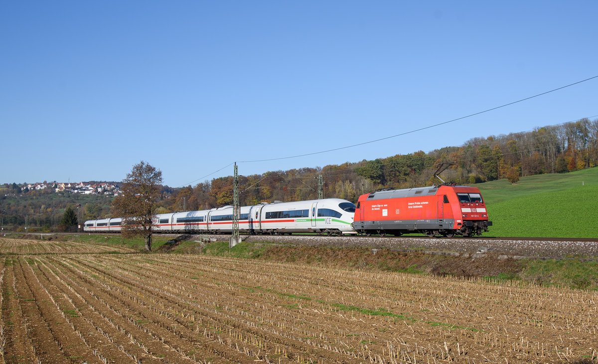 101 121 hat den ICE 3 TZ 315(403 015(403 515) im Schlepp nach München.(Uhingen(Fils)7.11.2020).
