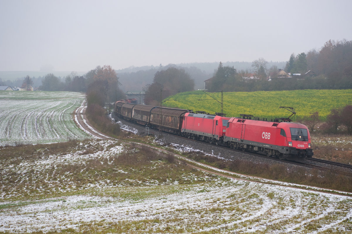 1016 001 und 185 254 mit einem gemischten Güterzug bei Edlhausen Richtung Regensburg, 22.11.2018