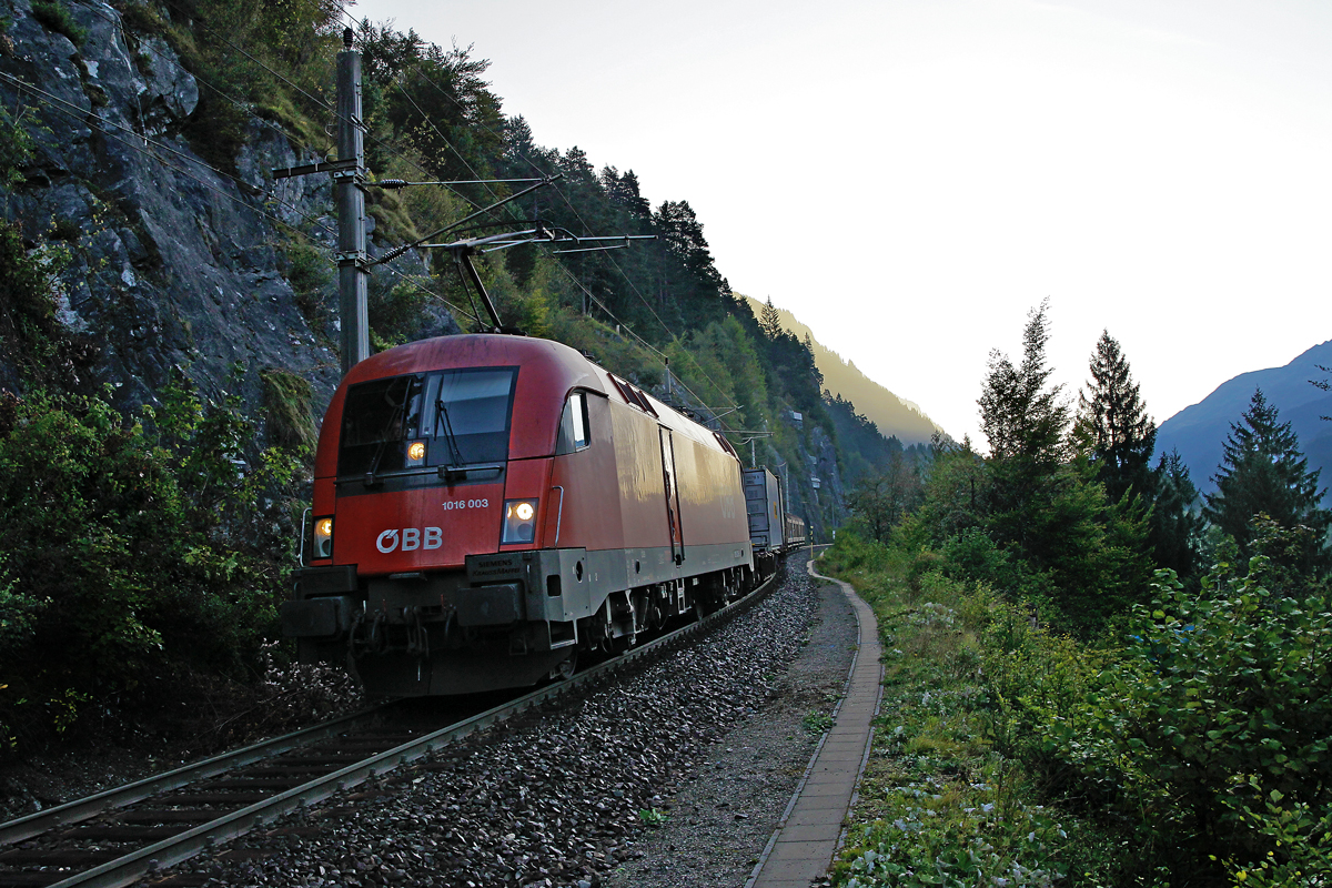 1016 003 fährt am frühen Morgen des 22.9.2016 mit einem geringen Güterzug in Wald a/A die Westrampe hinunter.