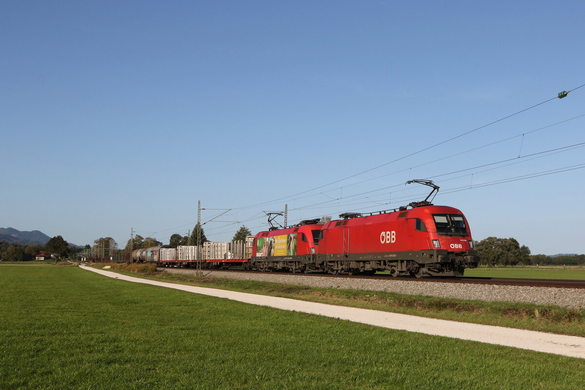 1016 005 und 1116 165  BIO Austria 1  waren mit einem gemischten Güterzug am 6. Oktober 2022 bei Übersee am Chiemsee in Richtung Salzburg unterwegs.