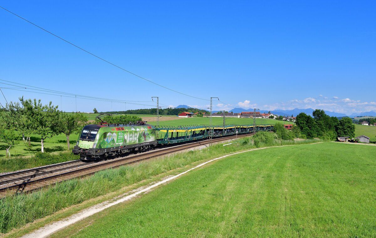 1016 020 mit einem leeren Autozug am 16.06.2021 bei Amersberg. 
