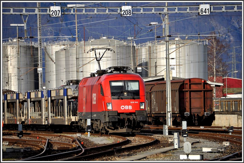 1016 043 mit Autoleerwagenzug nach Österreich in Buchs SG. ( 15.01.2014)