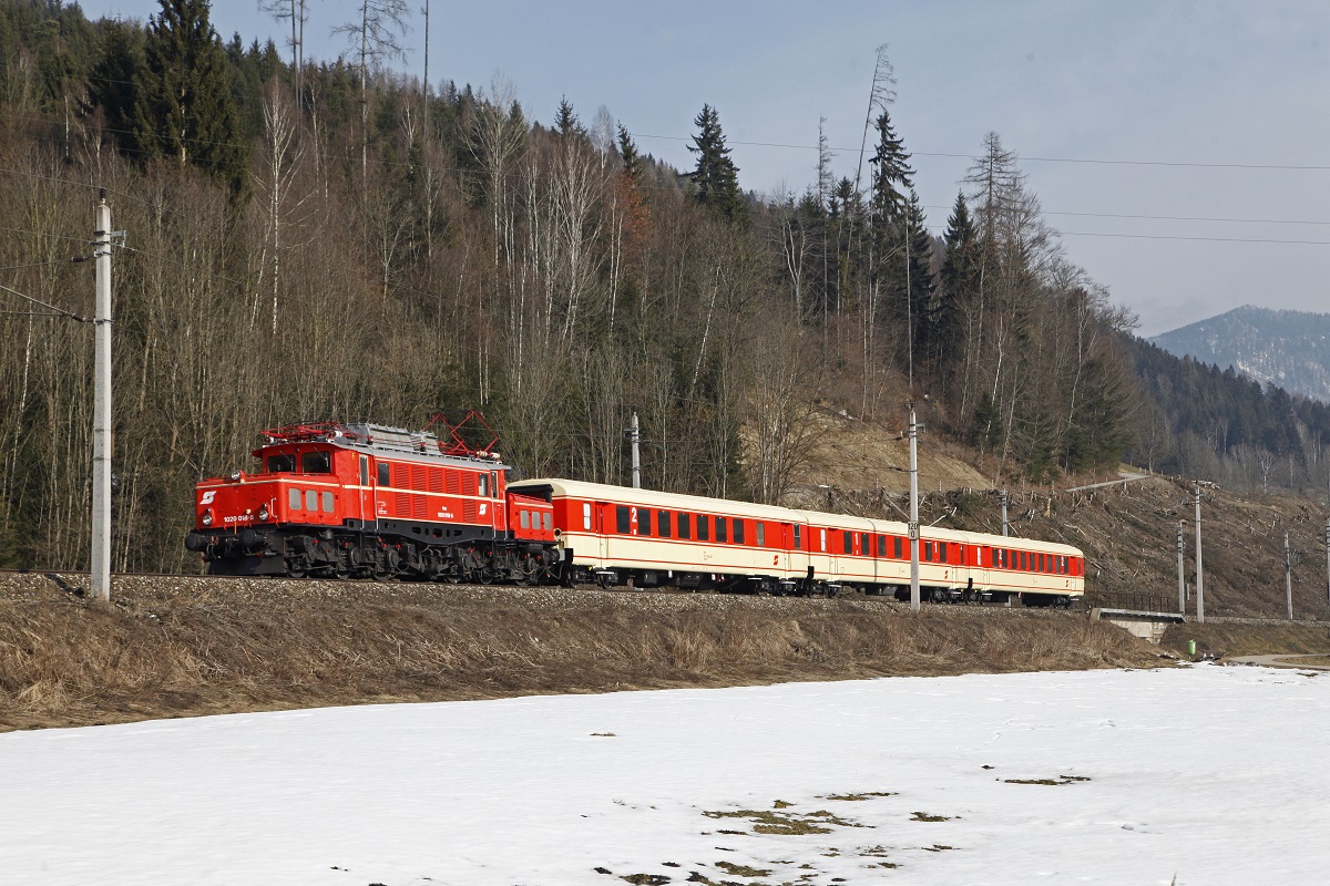 1020 018 mit Leerpersonenzug bei Hönigsberg am 1.03.2015.