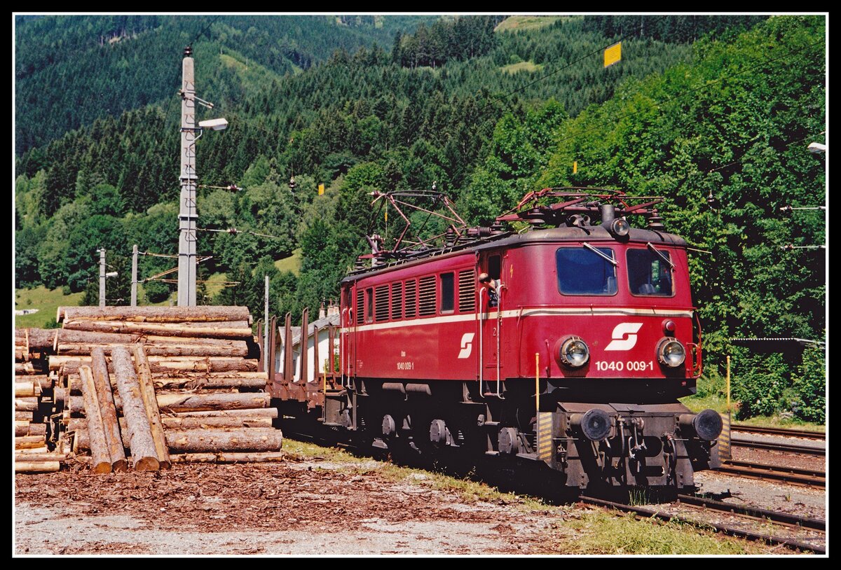 1040 009 hat am 10.07.2000 einige Rungenwagen am Freiladegleis in Ardning bereitgestellt.