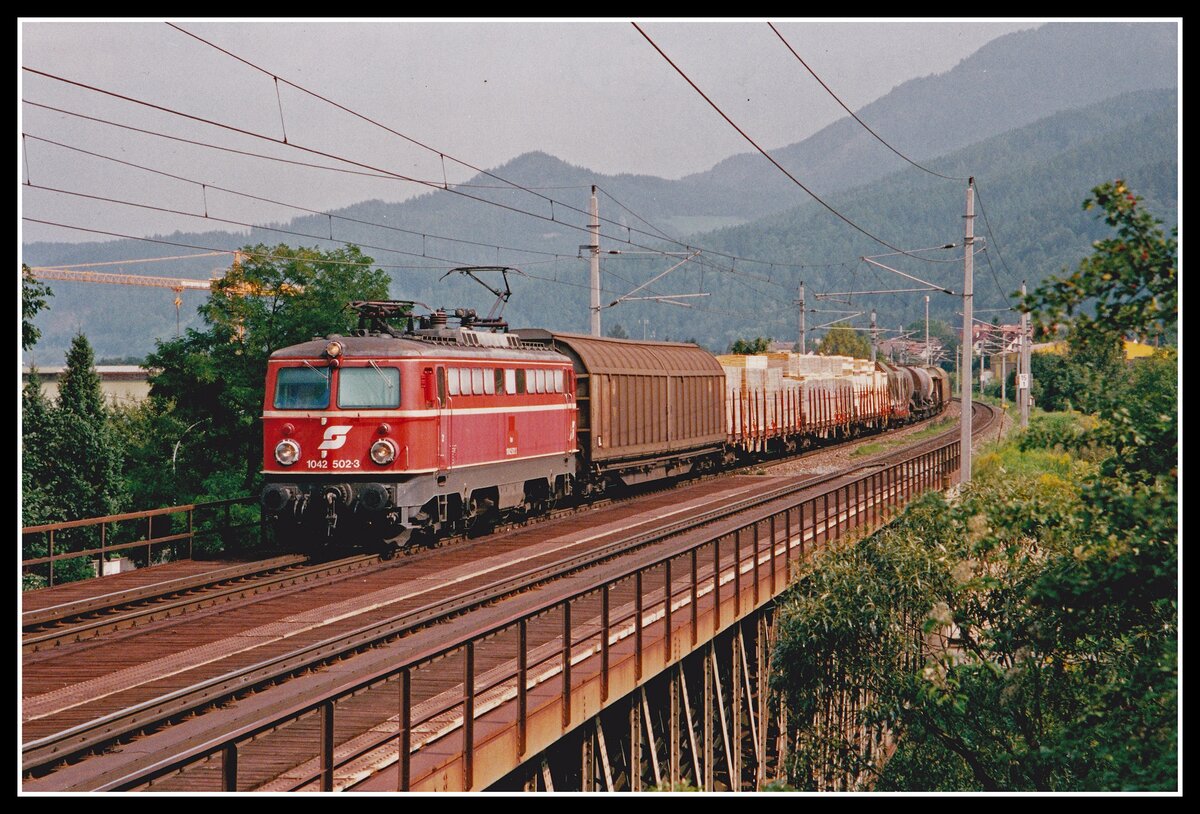 1042 502 fährt am 30.08.2002 mit einem gemischten Güterzug über die Murbrücke bei Leoben.