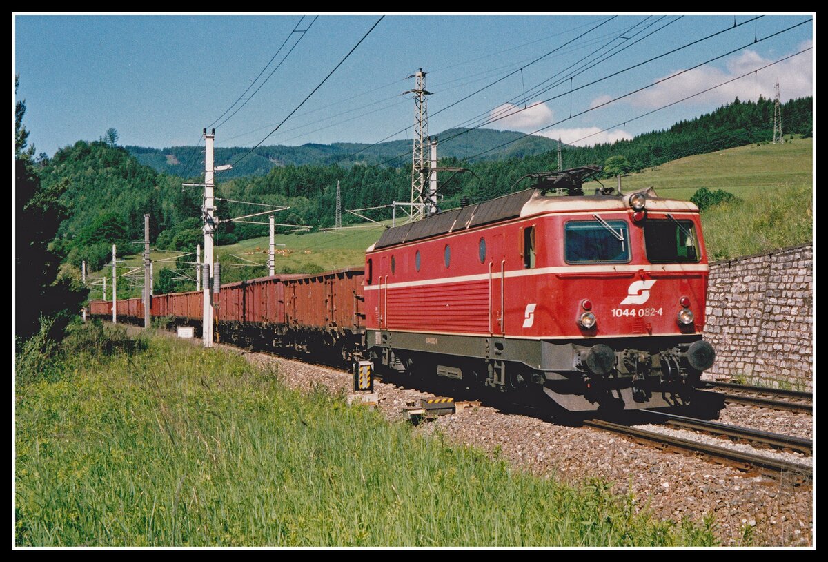 1044 082 fährt am 11.06.2002 mit einem Güterzug bei St.Michael durchs Murtal.
