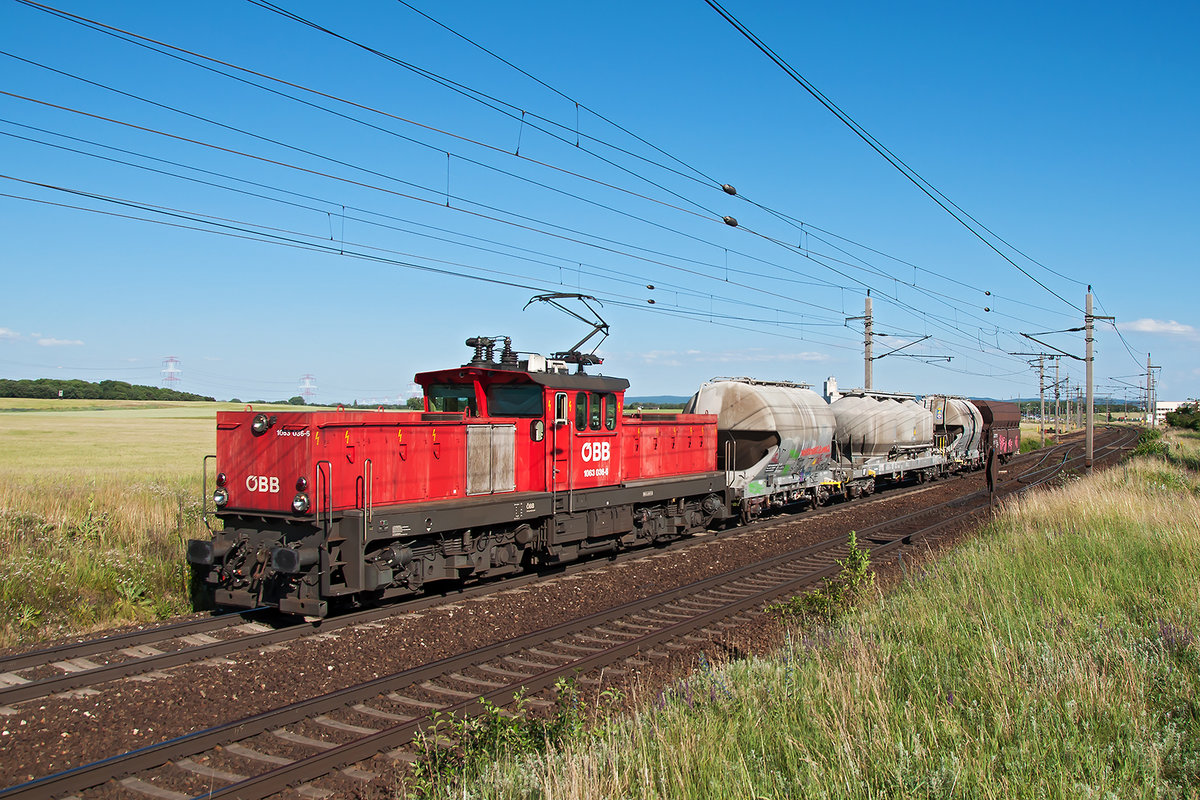 1063 036 mit einem kurzen Güterzug kurz nach Gramatneusiedl, aufgenommen am 13.06.2017.