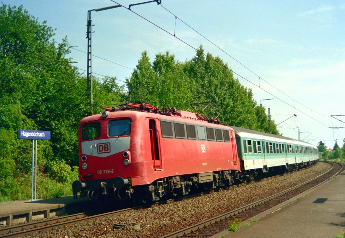110 229 mit RE 3426 (Nrnberg–Wrzburg) am 07.08.1998 in Hagenbchach