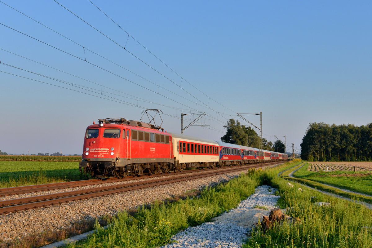 110 491 mit einem Sonderzug am 07.09.2016 bei Langenisarhofen. 
