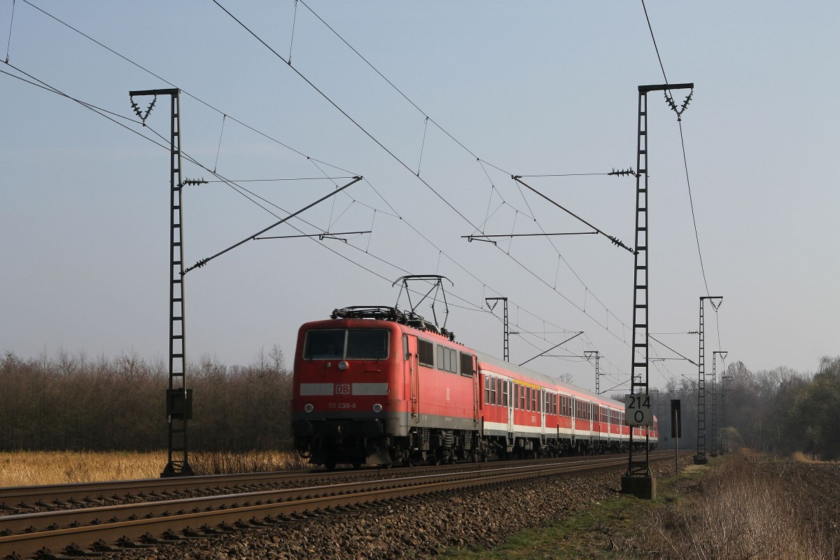 111 038-6 mit RB 31776 Münster Hauptbahnhof-Salzbergen bei Salzbergen am 14-3-2014.